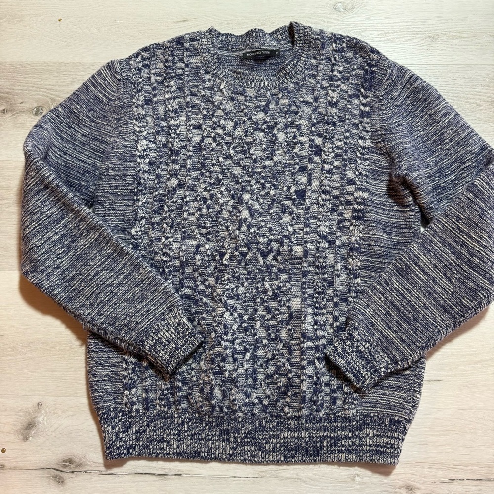 Monoprix Homme Navy Marled Cable Knit Crewneck Sweater, Size Medium